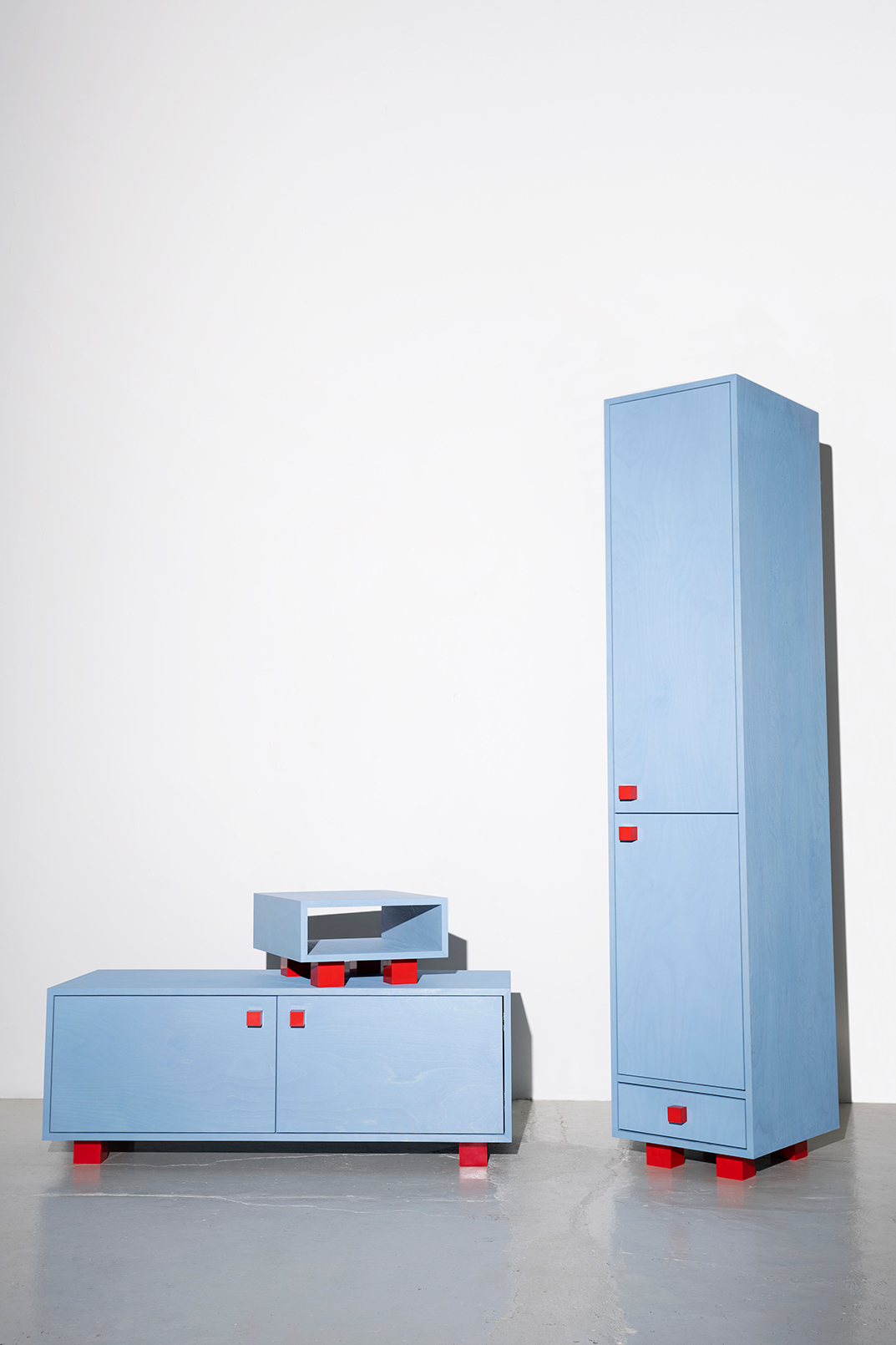 object design - Studio Gerritsen-Bart collection funky blue design cabinet with epoxy handles and legs - Four Legged Cabinet small, wide, tall