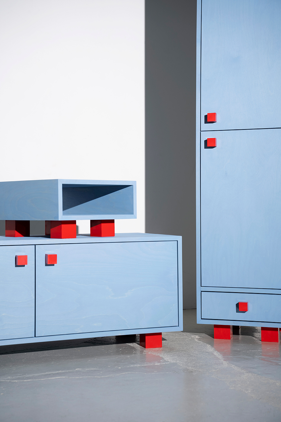 object design - Studio Gerritsen-Bart collection funky blue design cabinet with epoxy handles and legs - Four Legged Cabinet small, wide, tall