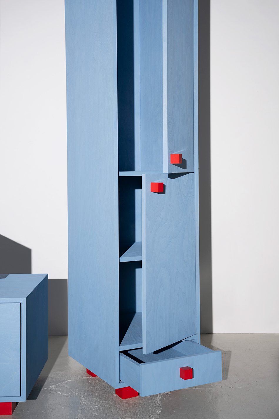 object design - Studio Gerritsen-Bart funky blue design cabinet with epoxy handles and legs with open doors - Four Legged Cabinet tall