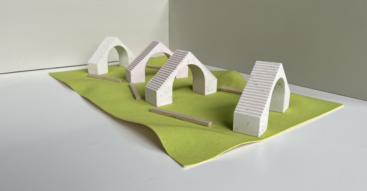 model of runway arches and stairs and. benches