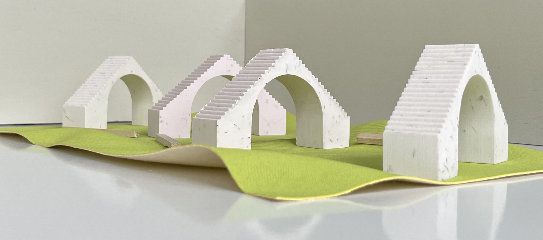 model of runway arches and stairs and benches