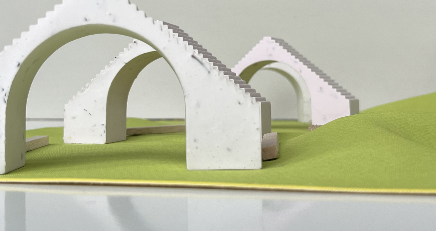 model of runway arches and stairs and benches